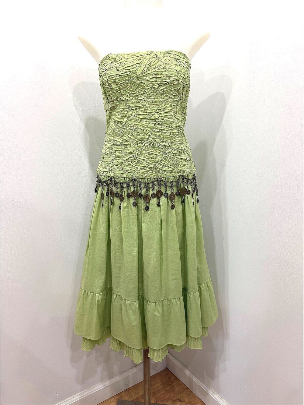 Laundry By Shelli Segal boho fairy coin belt dress Size 12 Strapless midi